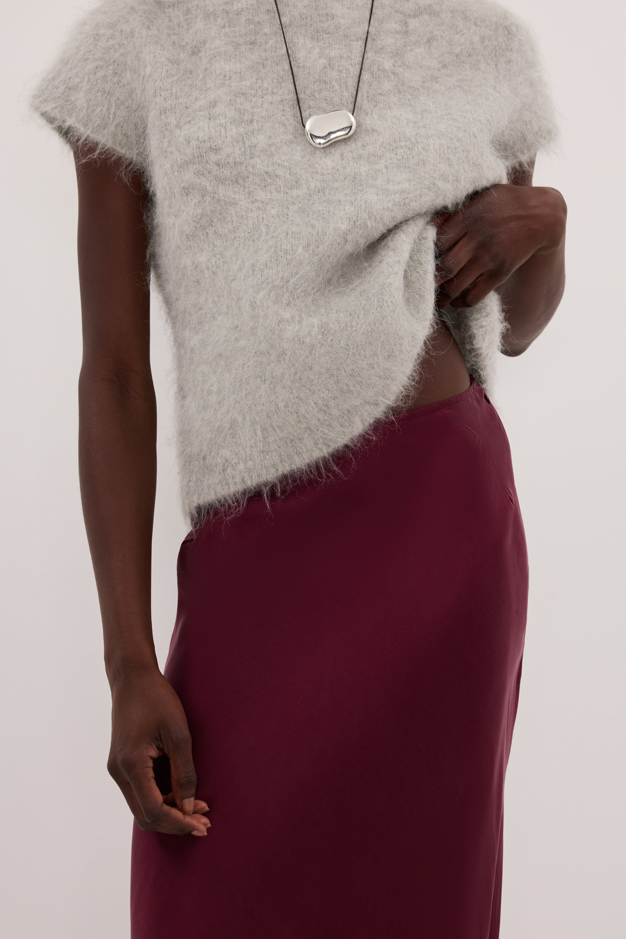 COLETTE MERLOT SILK MIDI SKIRT