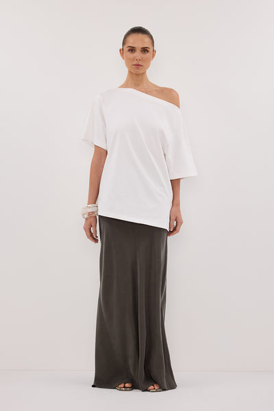 Stas wearing ADDISON PETROL BIAS CUPRO MAXI SKIRT