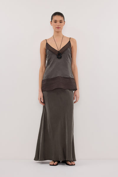 Aude wearing ADDISON PETROL BIAS CUPRO MAXI SKIRT
