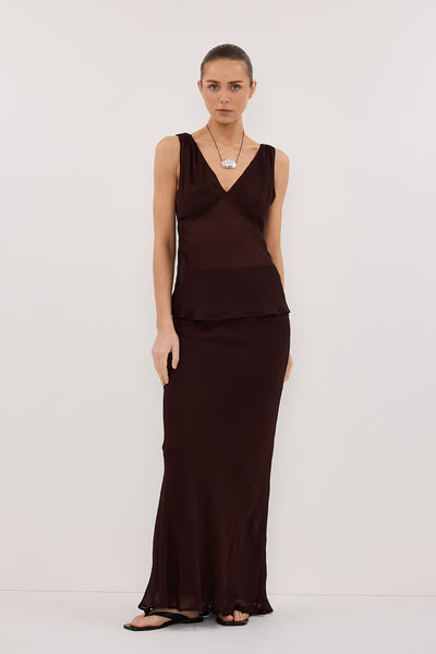 Stas wearing CARLY DARK CHOC MIDI SKIRT