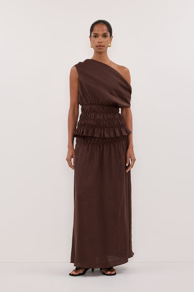 Kristen wearing MAIA COCOA LINEN SHIRRED MIDI SKIRT