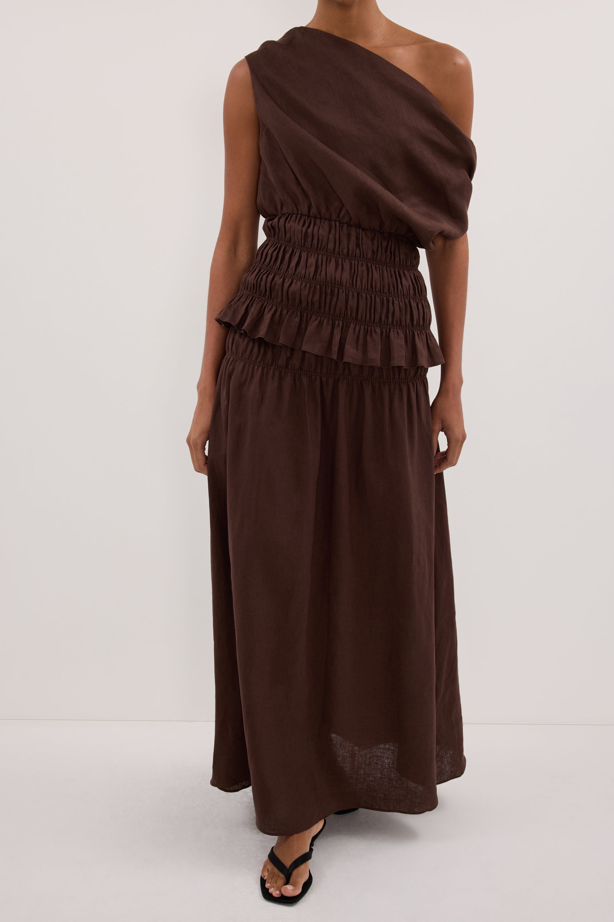 MAIA COCOA LINEN SHIRRED MIDI SKIRT