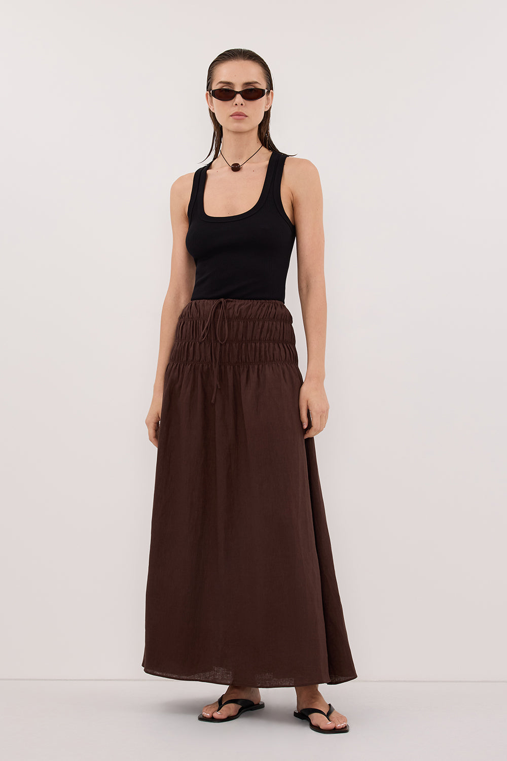 MAIA COCOA LINEN SHIRRED MIDI SKIRT