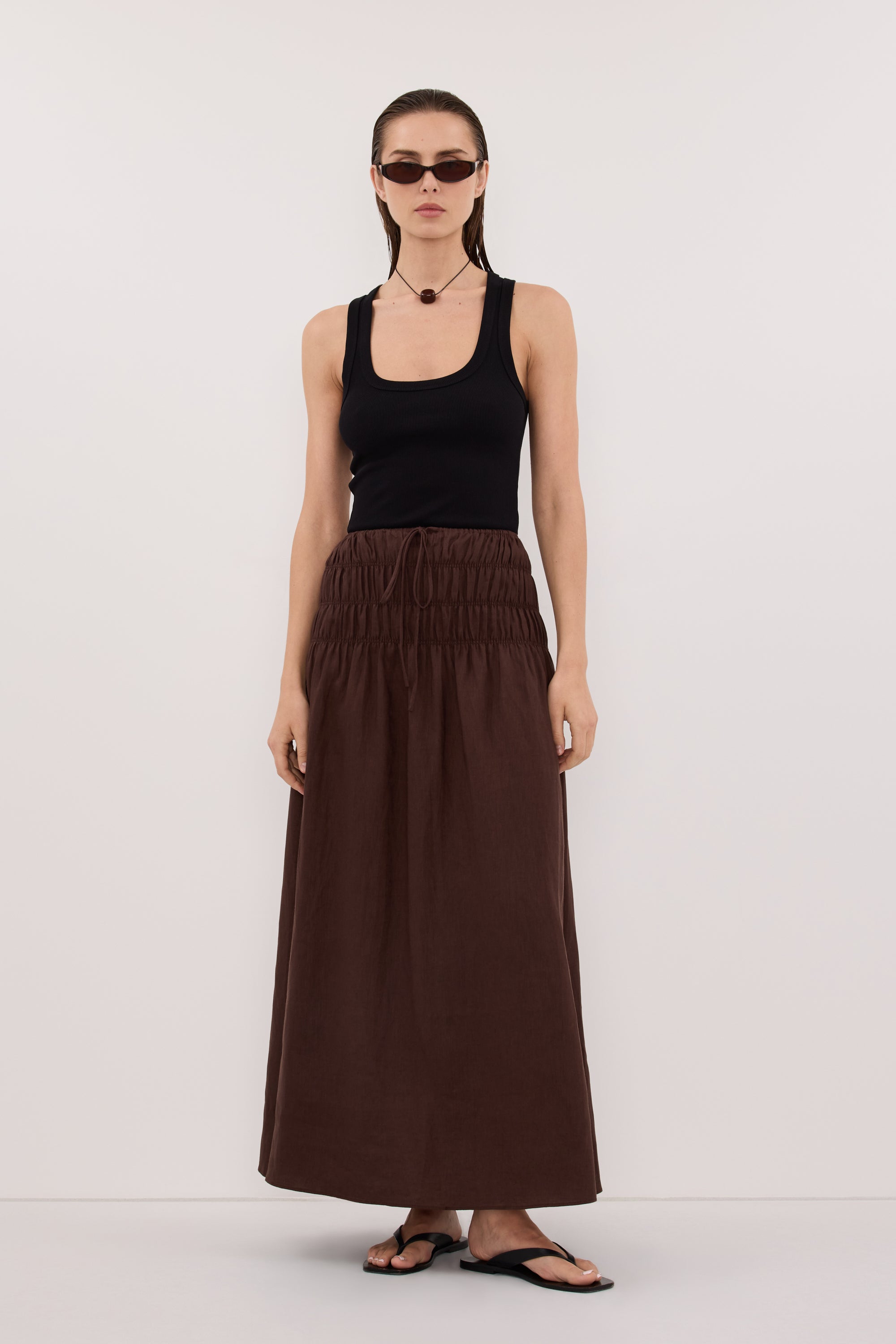MAIA COCOA LINEN SHIRRED MIDI SKIRT