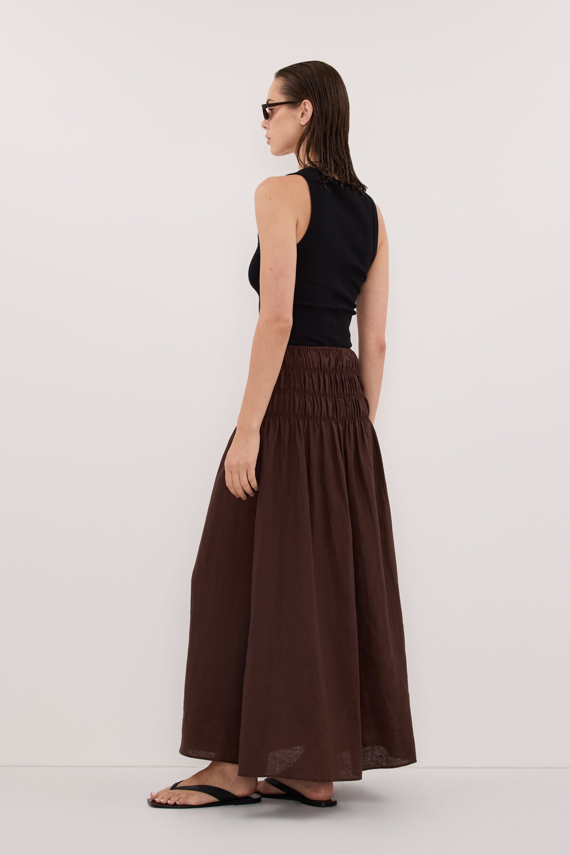 MAIA COCOA LINEN SHIRRED MIDI SKIRT