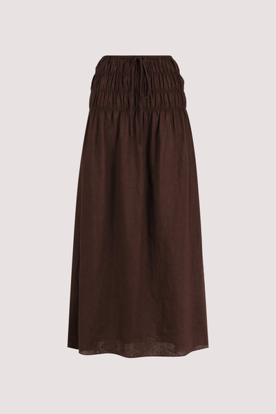 Stas wearing MAIA COCOA LINEN SHIRRED MIDI SKIRT