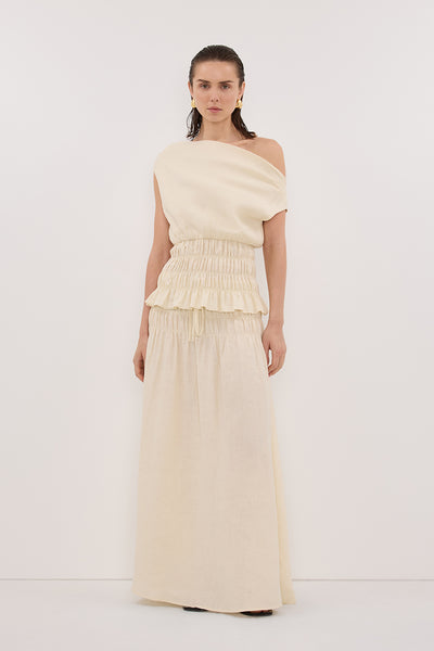 Stas wearing MAIA STRAW LINEN SHIRRED MIDI SKIRT