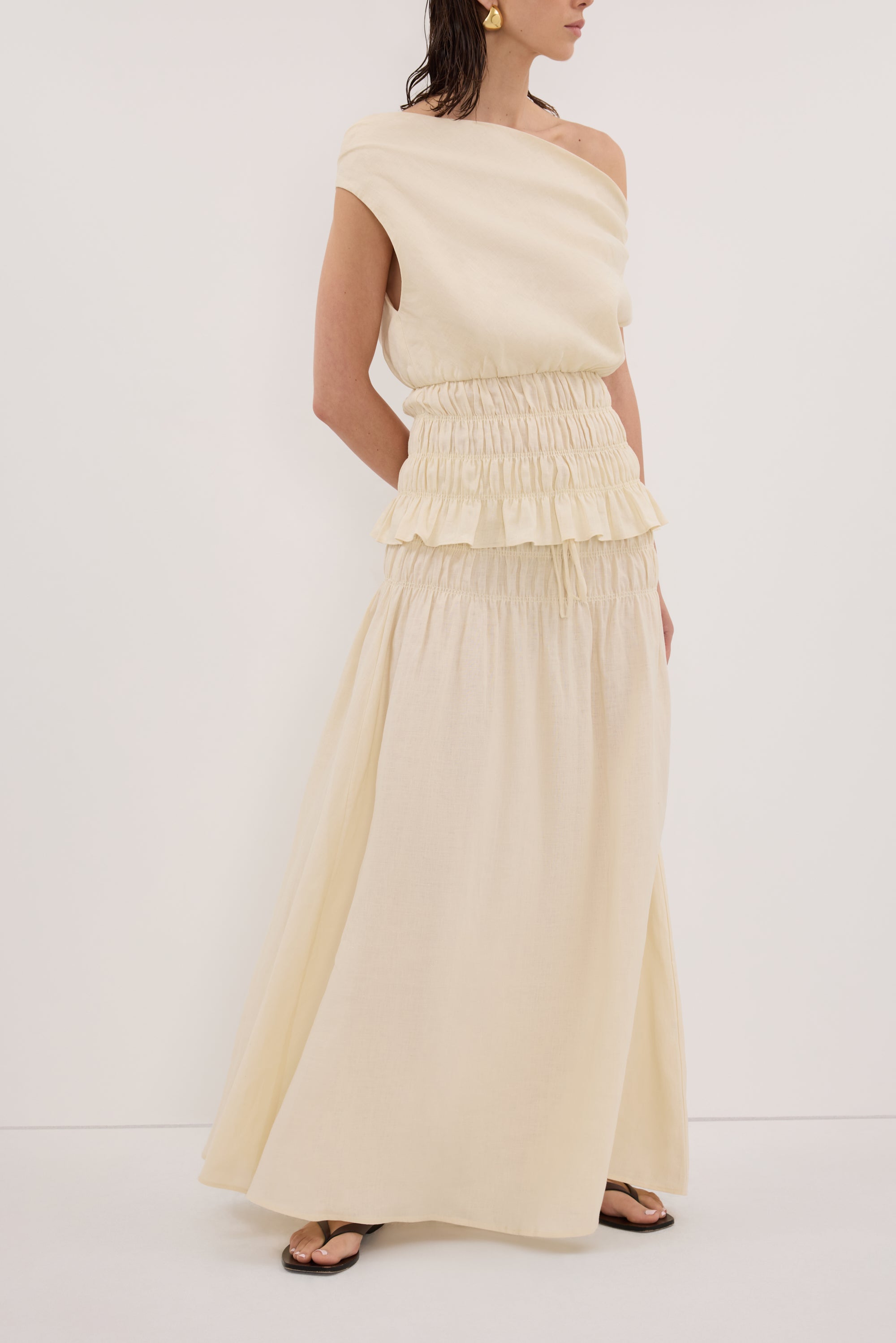 MAIA STRAW LINEN SHIRRED MIDI SKIRT