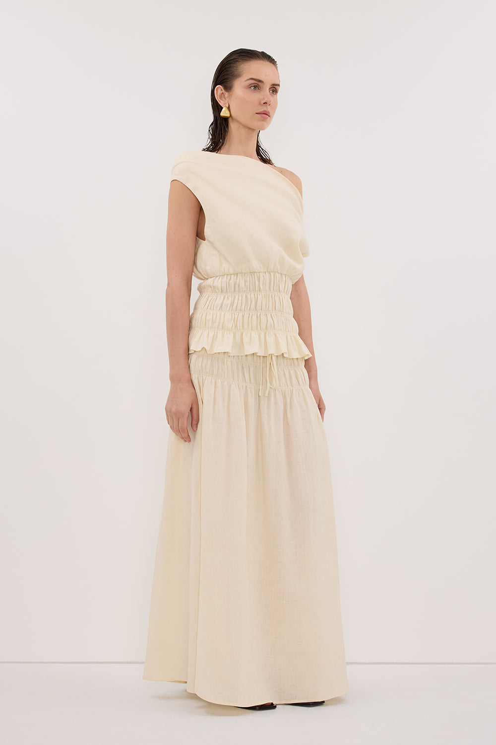 MAIA STRAW LINEN SHIRRED MIDI SKIRT