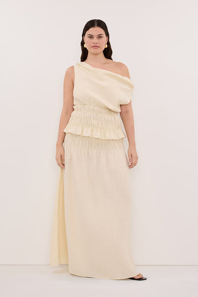 Jasmine wearing MAIA STRAW LINEN SHIRRED MIDI SKIRT
