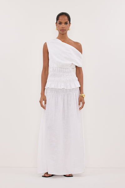 Kristen wearing MAIA WHITE LINEN SHIRRED MIDI SKIRT