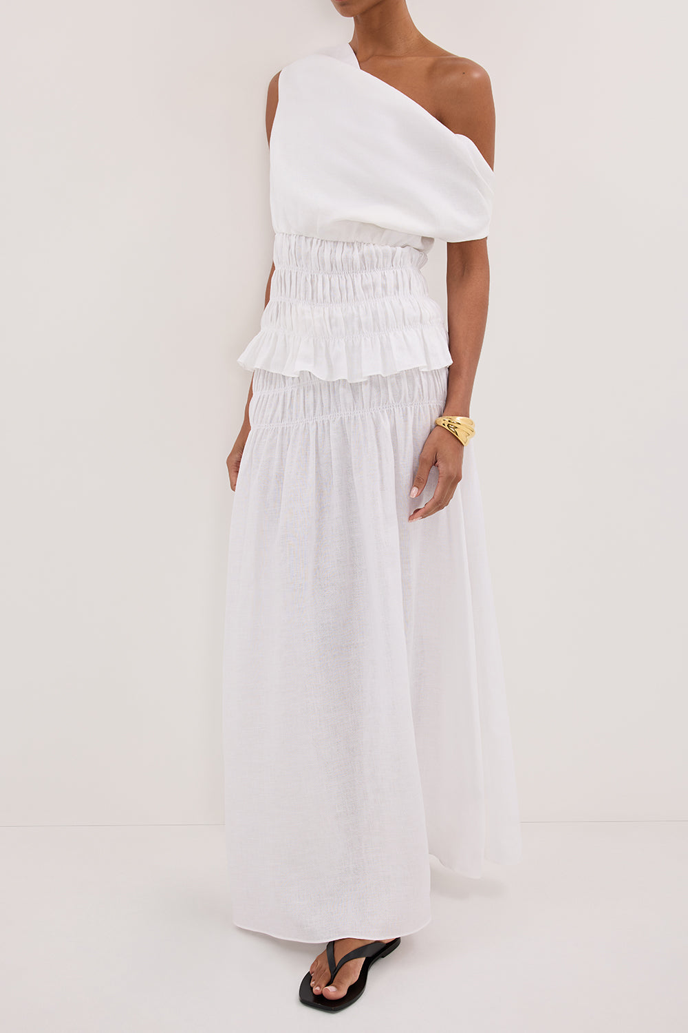 MAIA WHITE LINEN SHIRRED MIDI SKIRT