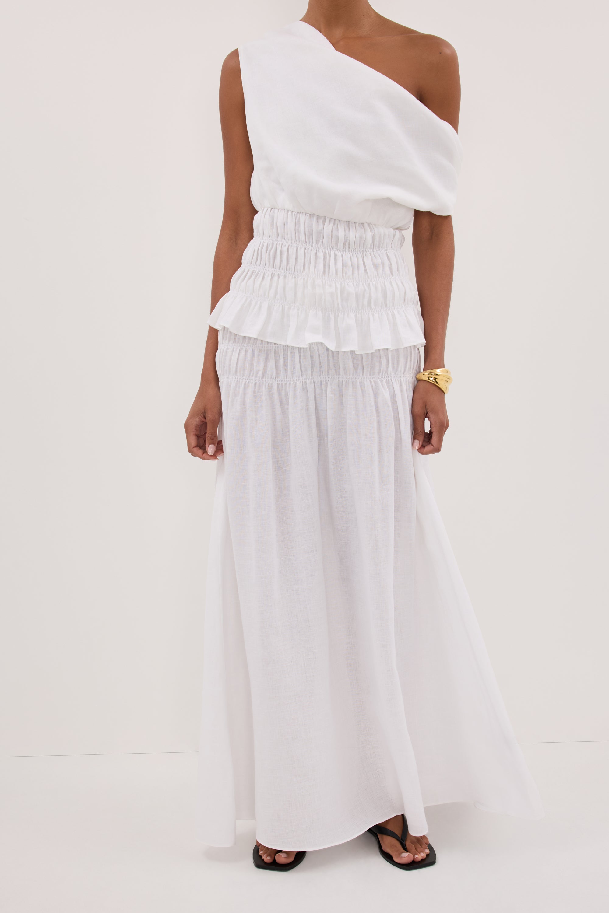 MAIA WHITE LINEN SHIRRED MIDI SKIRT