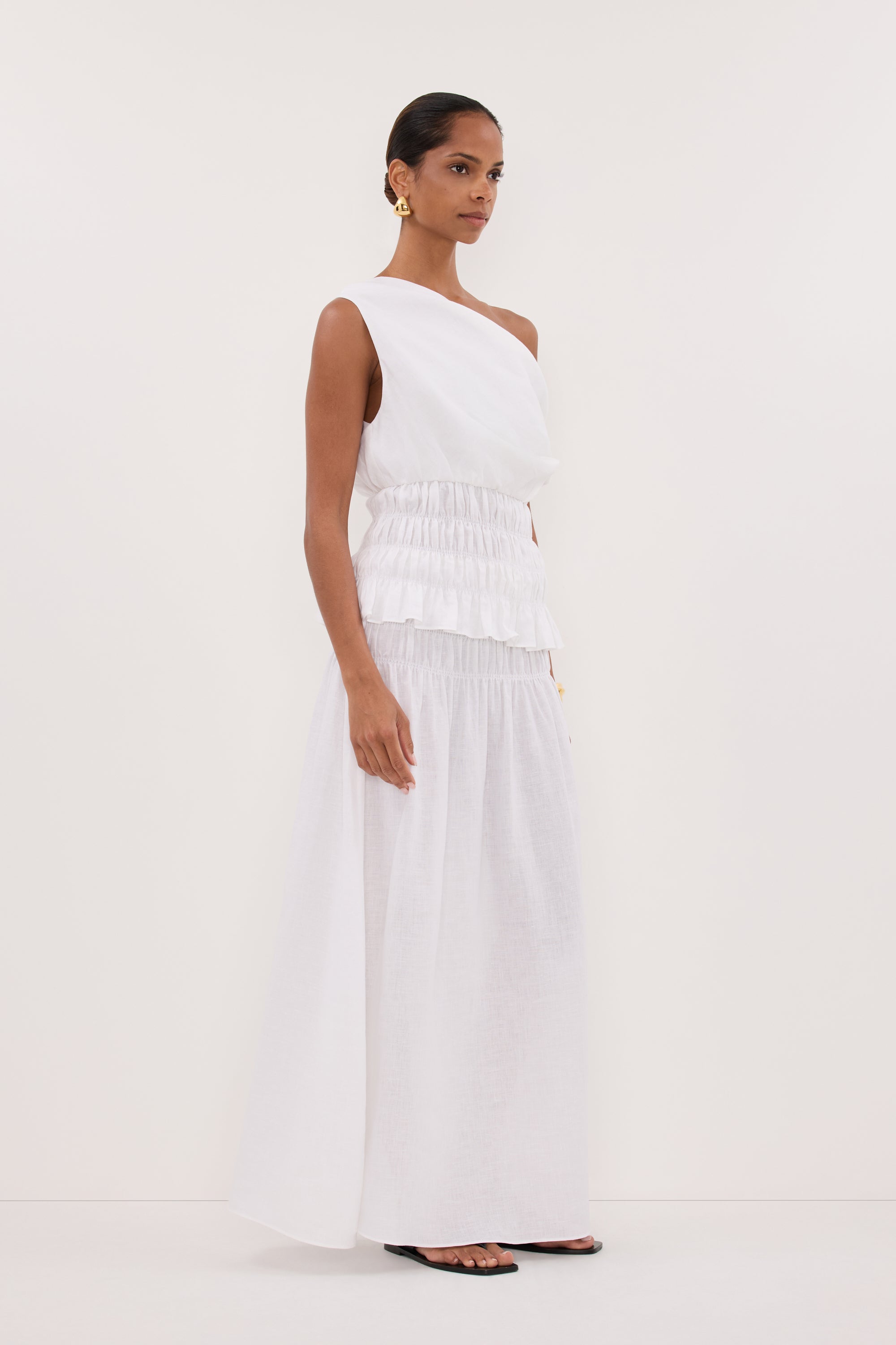 Maia Linen Shirred Midi Skirt in White By DISSH Maia Linen Shirred Midi Skirt in White By DISSH