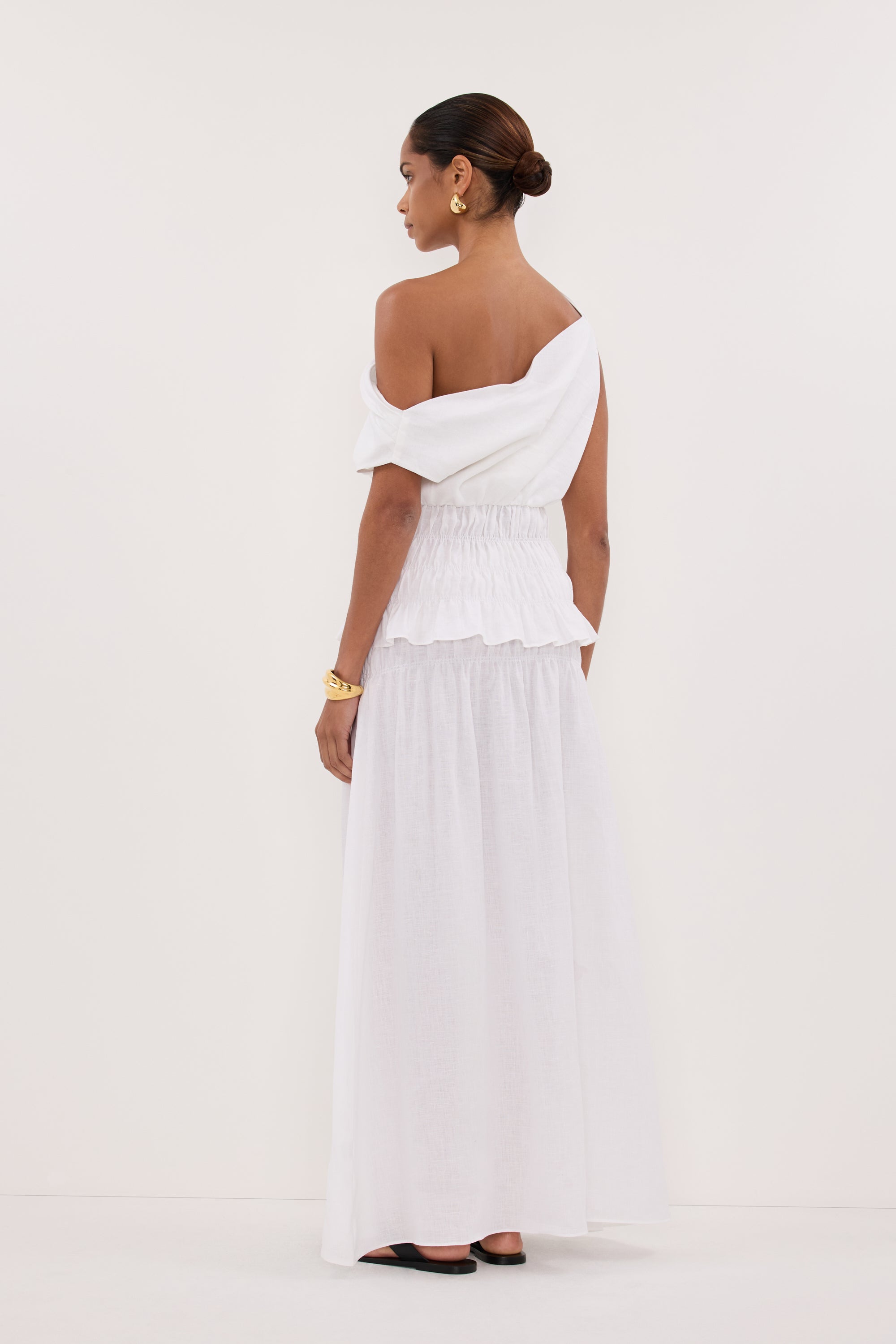 MAIA WHITE LINEN SHIRRED MIDI SKIRT