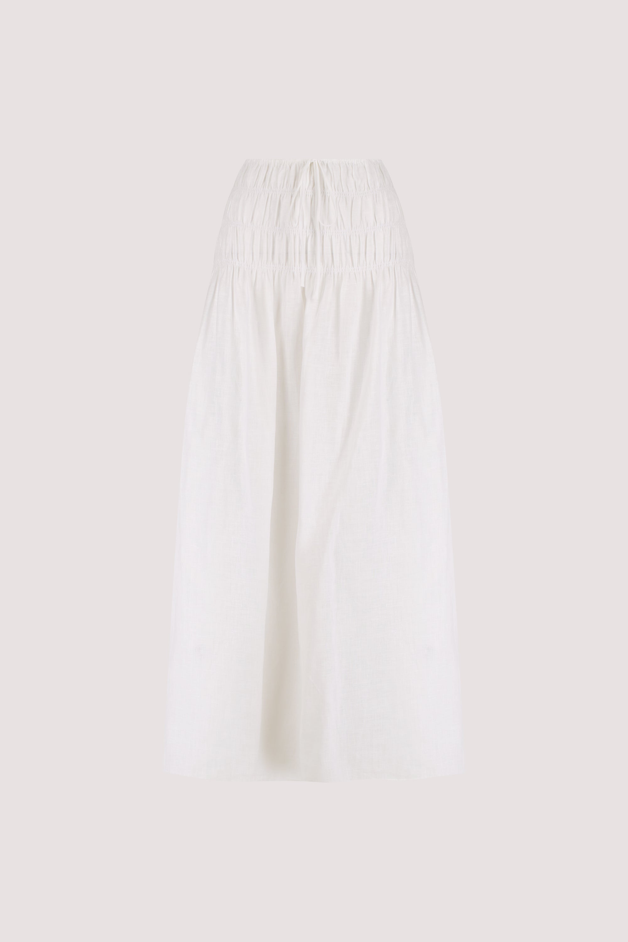 MAIA WHITE LINEN SHIRRED MIDI SKIRT