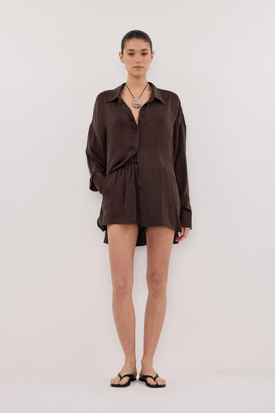 Aude wearing ISLA BITTER CHOC SILK SHORT