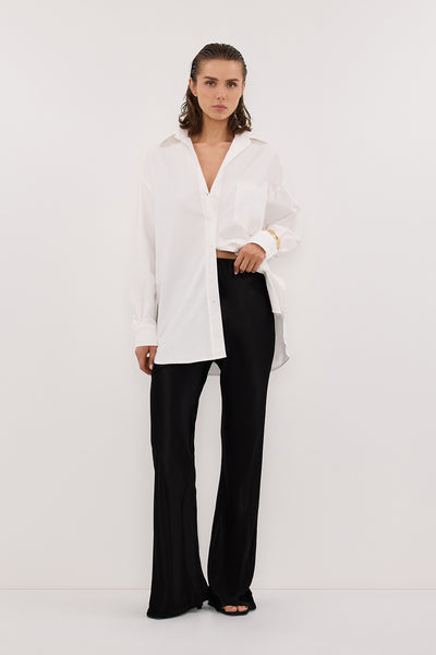 Stas wearing NIKKI BLACK SATIN BIAS PANT