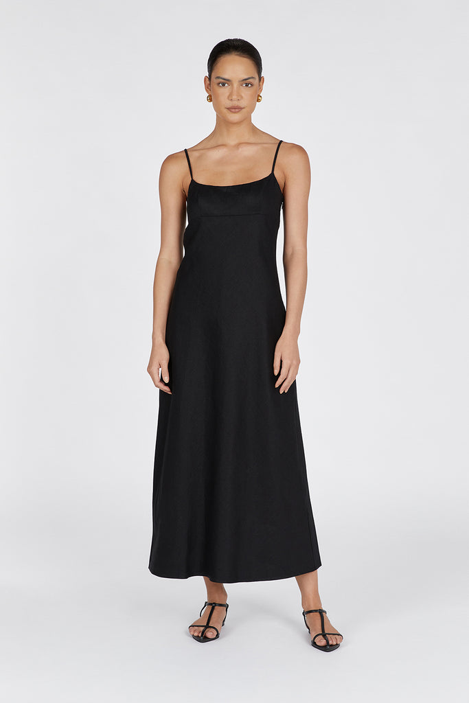 LUCIA BLACK LINEN MIDI DRESS | Dissh