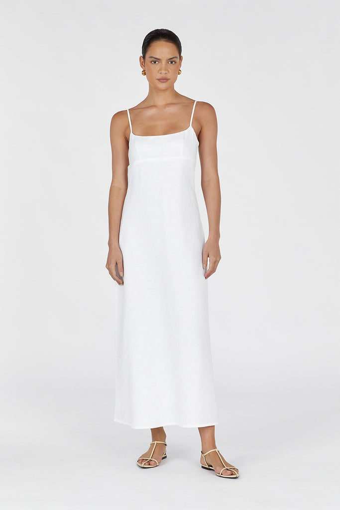 LUCIA WHITE LINEN MIDI DRESS | Dissh