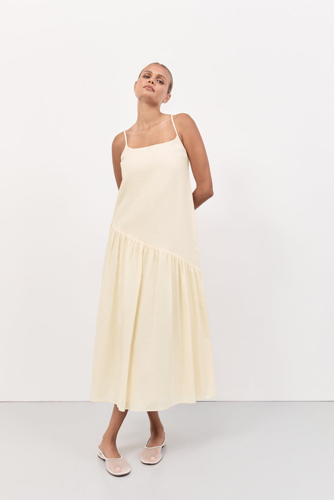 NOAH LEMON LINEN ASYM MIDI DRESS | Dissh