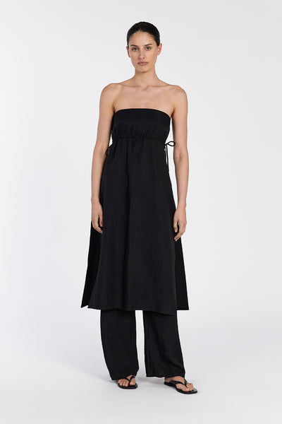 Adrienne wearing MEI BLACK LINEN BLEND TUNIC TOP