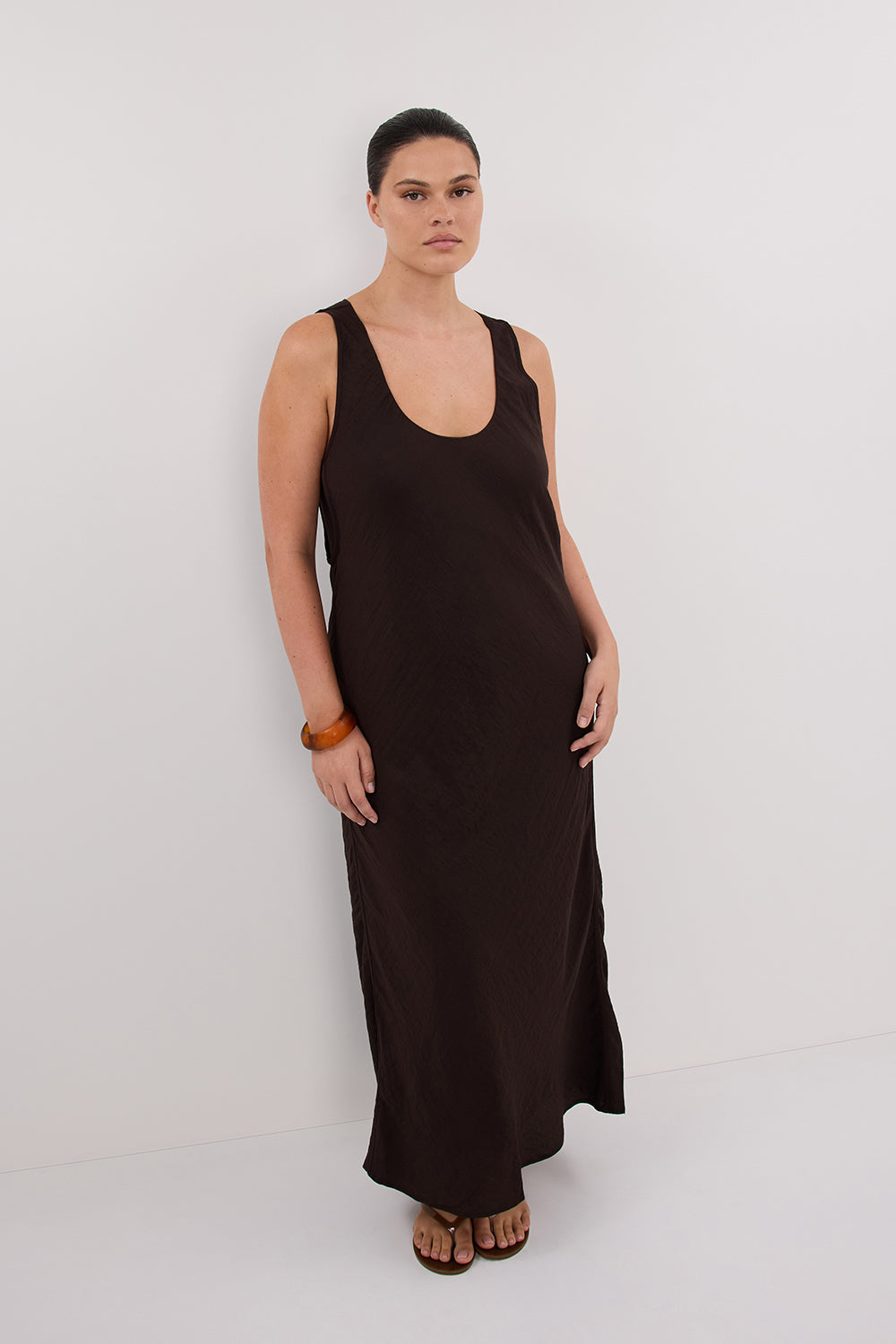 SHILOH BITTER CHOC SCOOP NECK MIDI DRESS