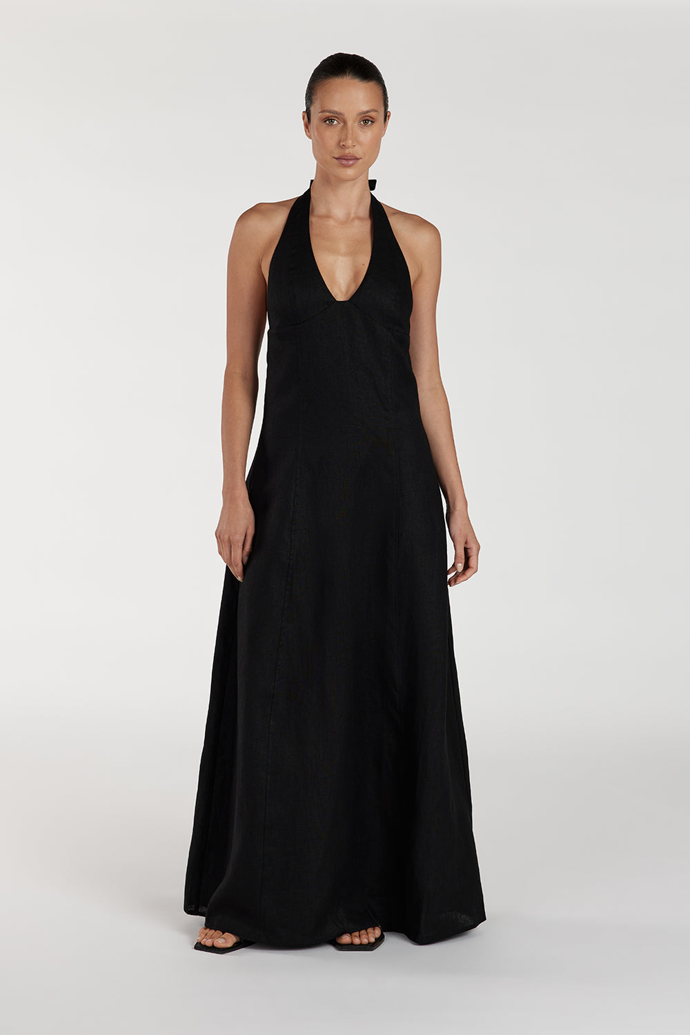 AUDREY BLACK HALTER LINEN MIDI DRESS
