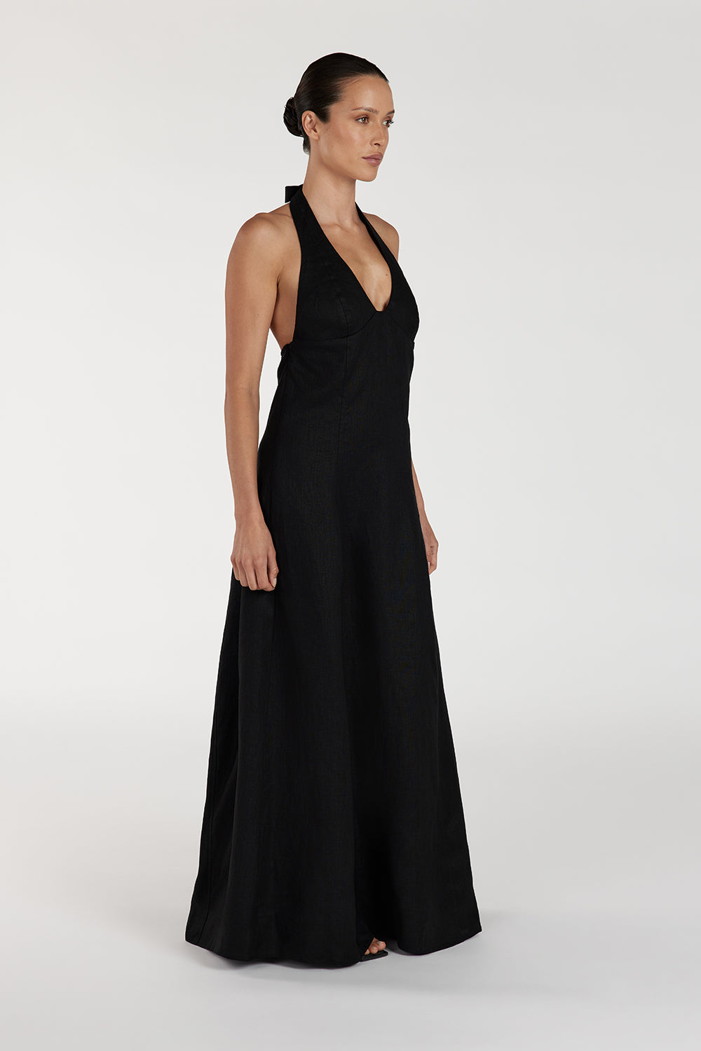 AUDREY BLACK HALTER LINEN MIDI DRESS