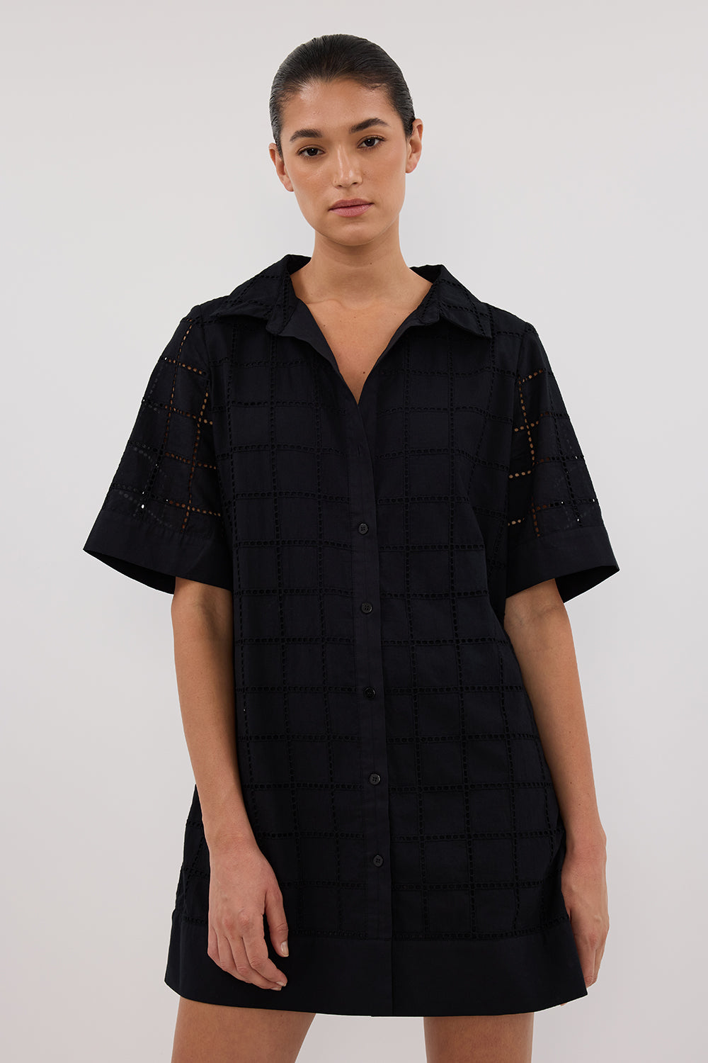 OWEN BLACK SLEEVED BRODERIE MINI DRESS