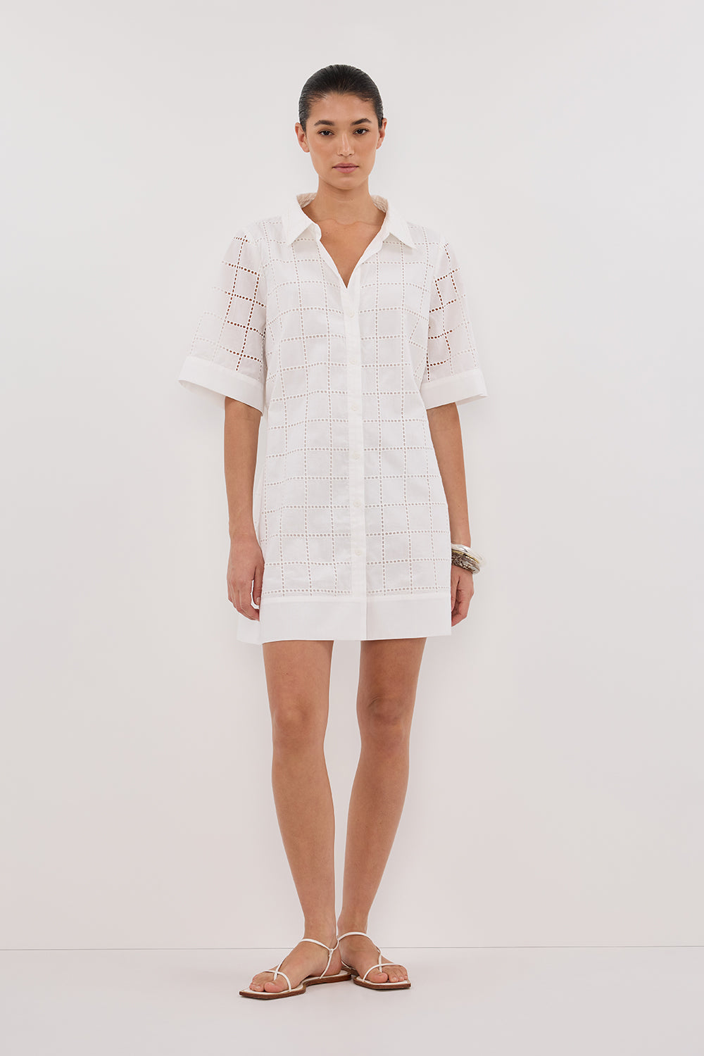 OWEN WHITE SLEEVED BRODERIE MINI DRESS