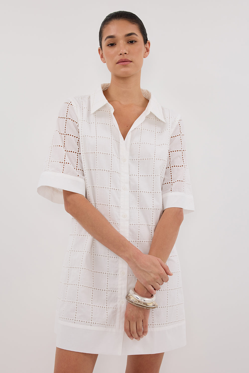 OWEN WHITE SLEEVED BRODERIE MINI DRESS