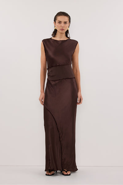 Stas wearing MONICA BITTER CHOCOLATE SATIN MIDI DRESS