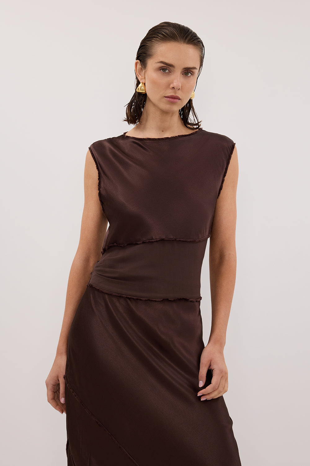 MONICA BITTER CHOC SATIN MIDI DRESS – DISSH