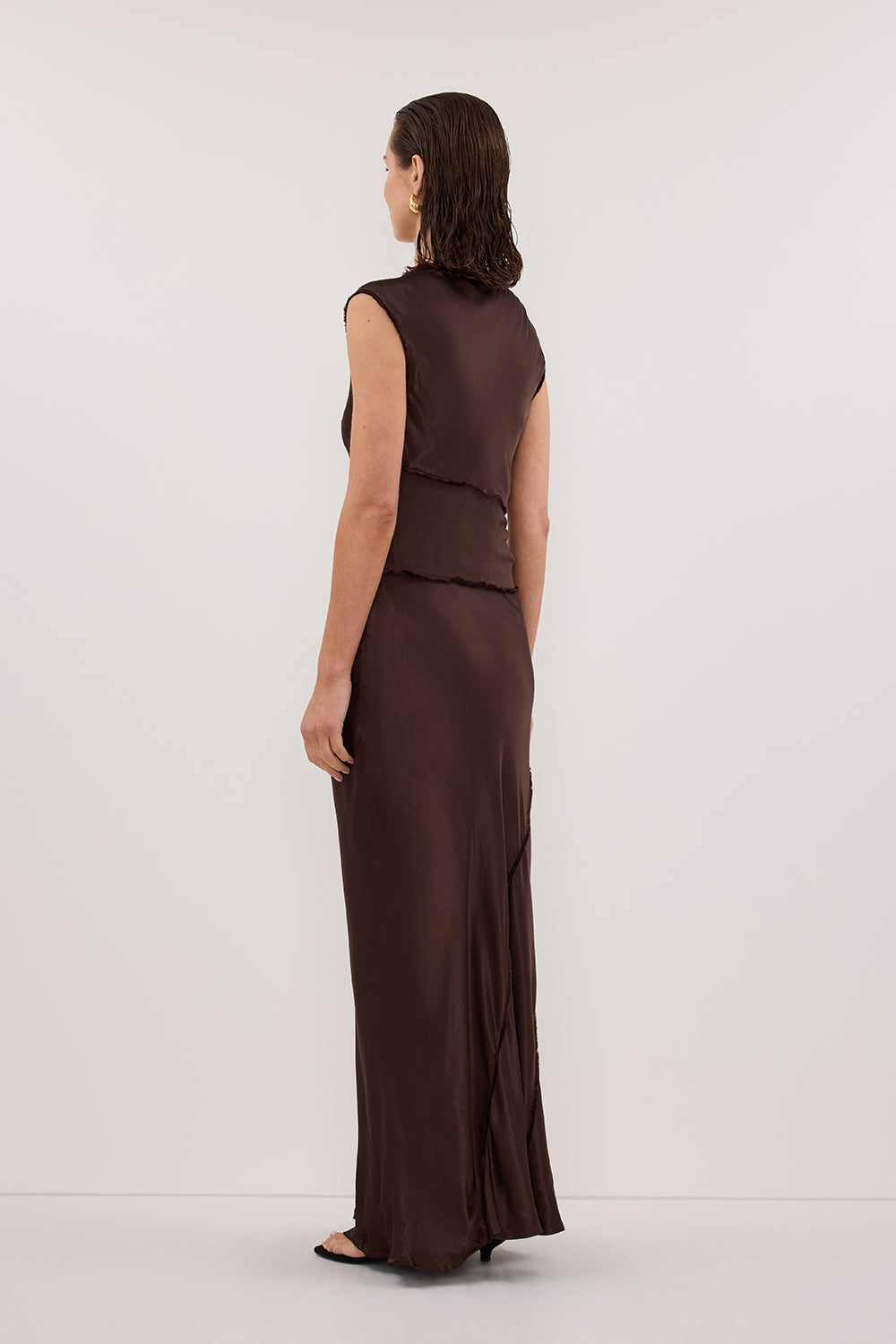 MONICA BITTER CHOCOLATE SATIN MIDI DRESS