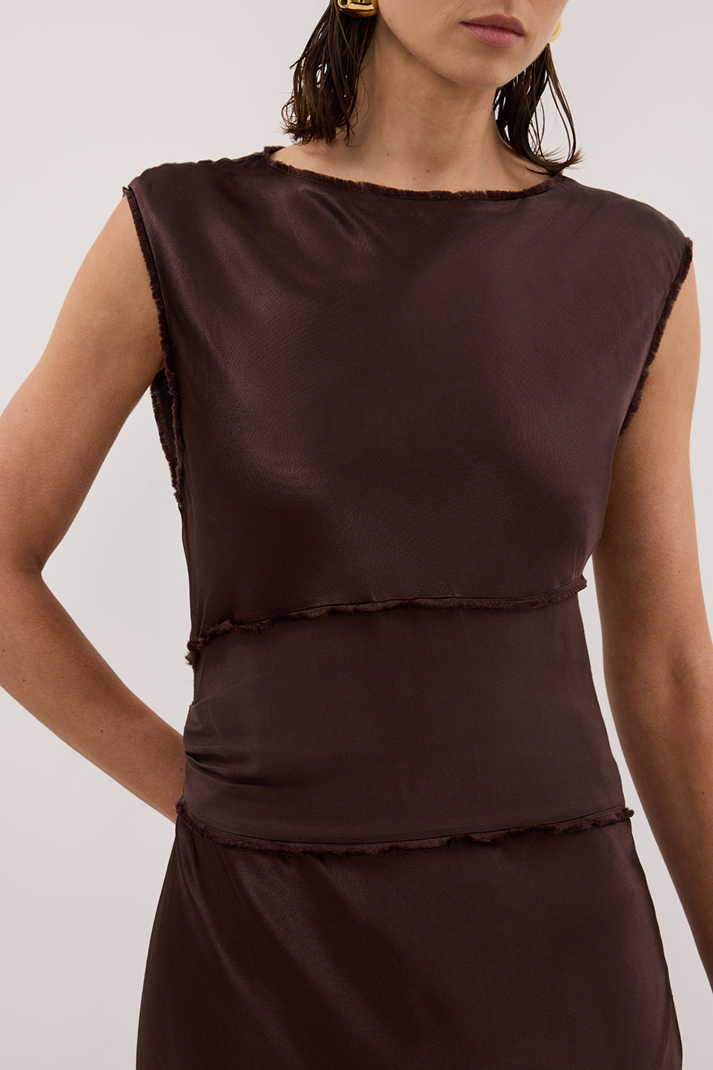 MONICA BITTER CHOCOLATE SATIN MIDI DRESS