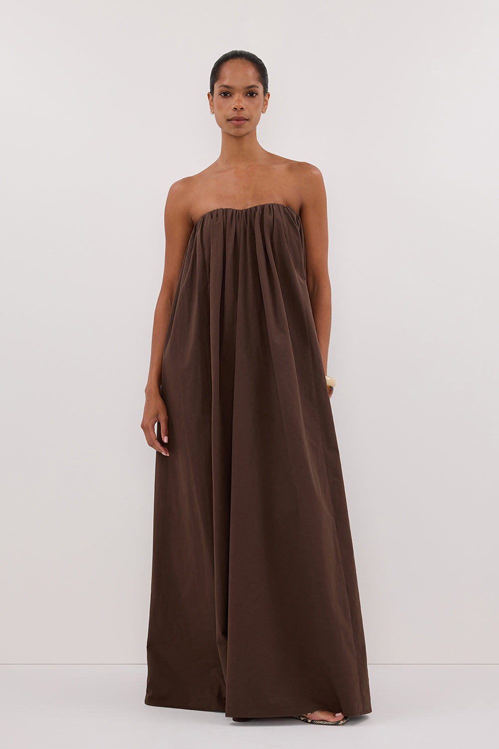 ROISIN BITTER CHOC COTTON STRAPLESS MAXI DRESS