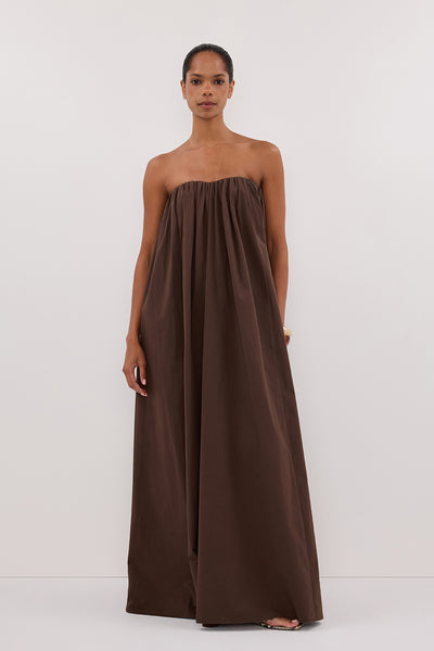 Kristen wearing ROISIN BITTER CHOC COTTON STRAPLESS MAXI DRESS