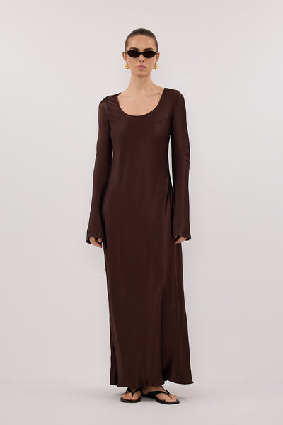 brown long sleeve satin dress ELOISE BITTER CHOC SATIN MIDI DRESS – DISSH