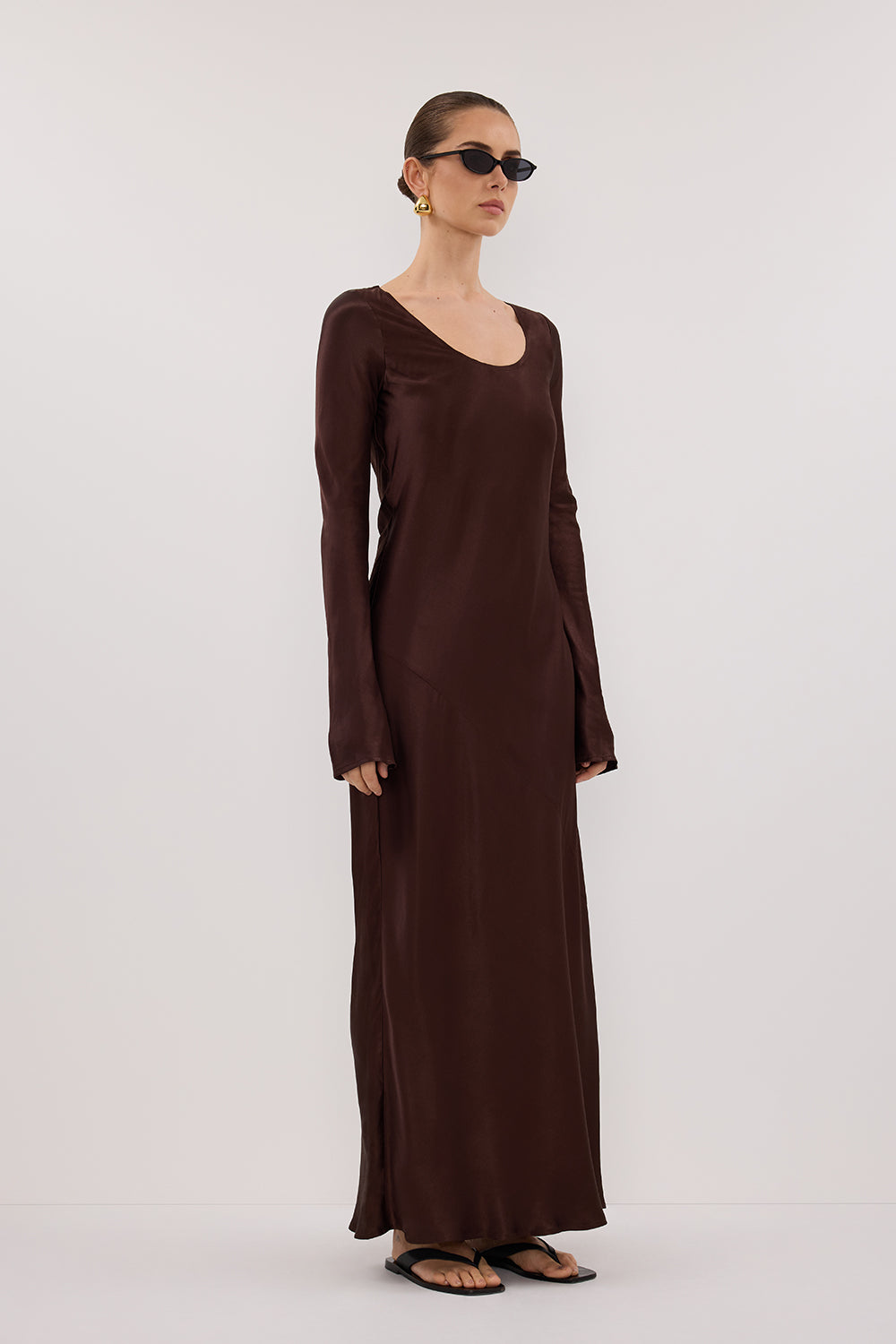 ELOISE BITTER CHOC SATIN MIDI DRESS – DISSH