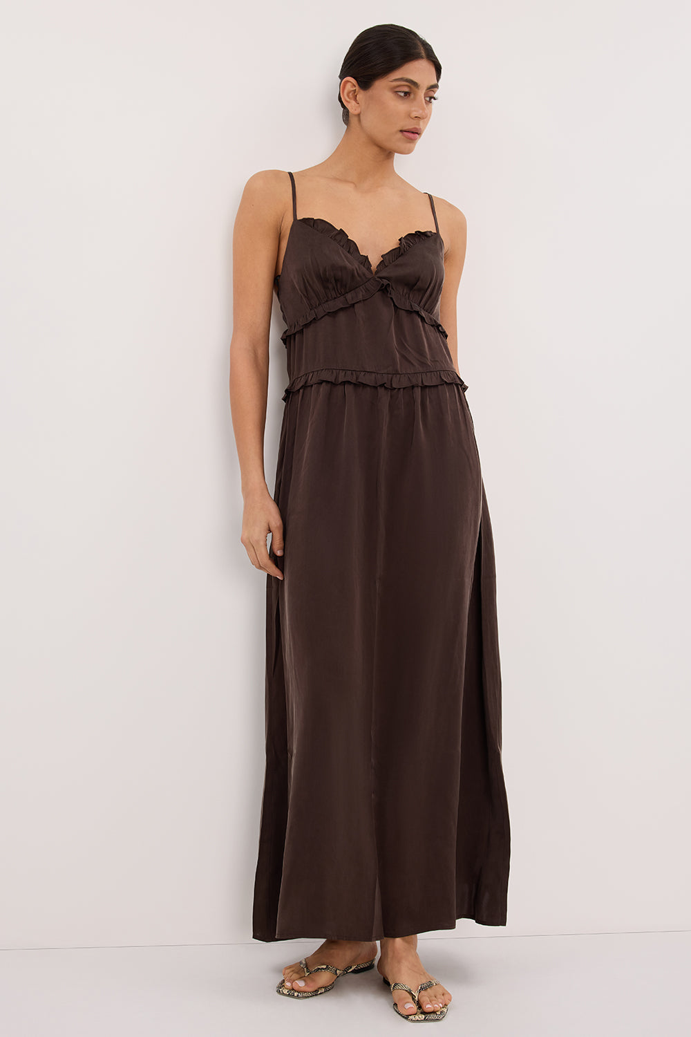 LENA BITTER CHOC SILK SLEEVELESS MAXI DRESS - 0 / BITTER CHOCOLATE