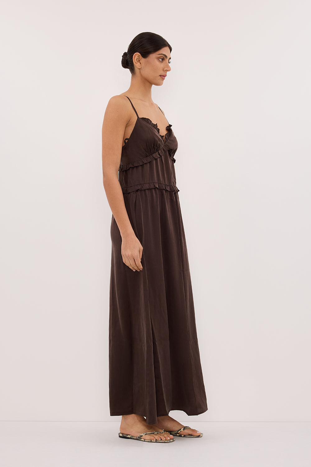 LENA BITTER CHOC SILK SLEEVELESS MAXI DRESS