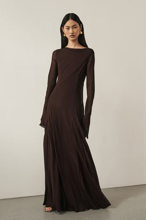 ELODIE DARK CHOC LONG SLEEVE MAXI DRESS