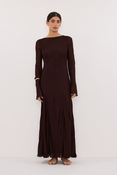 Annie wearing ELODIE DARK CHOC LONG SLEEVE MAXI DRESS