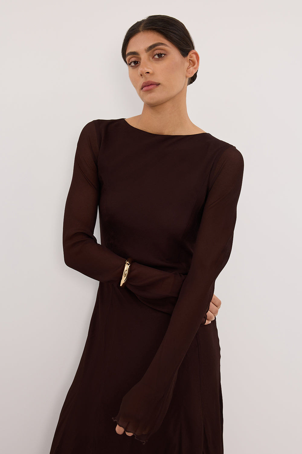 ELODIE DARK CHOC LONG SLEEVE MAXI DRESS