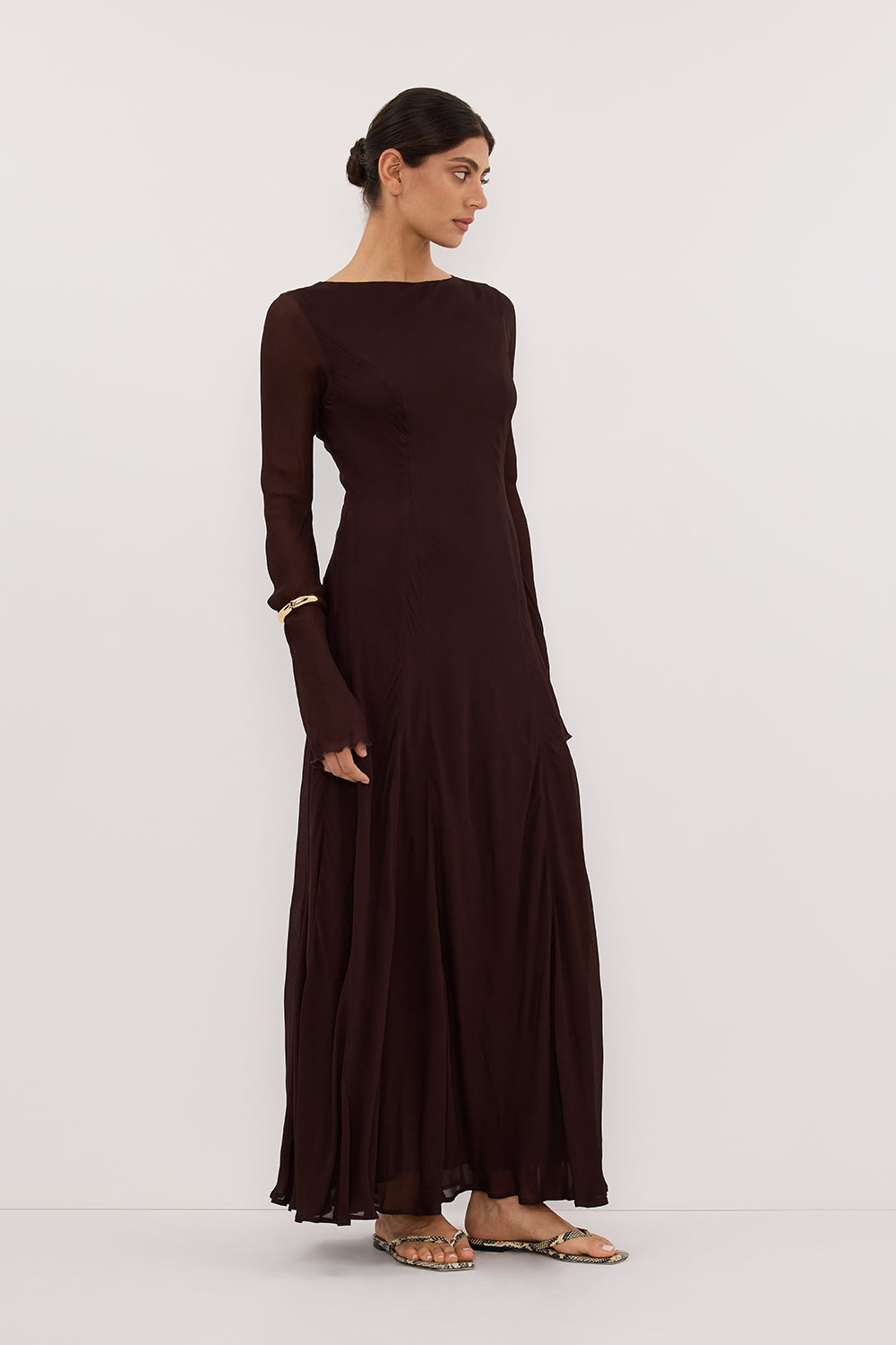 ELODIE DARK CHOC LONG SLEEVE MAXI DRESS
