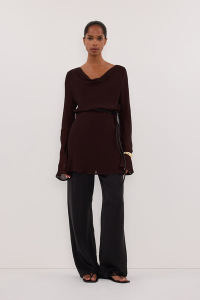 Kristen wearing CORFU DARK CHOC SLEEVED MINI DRESS