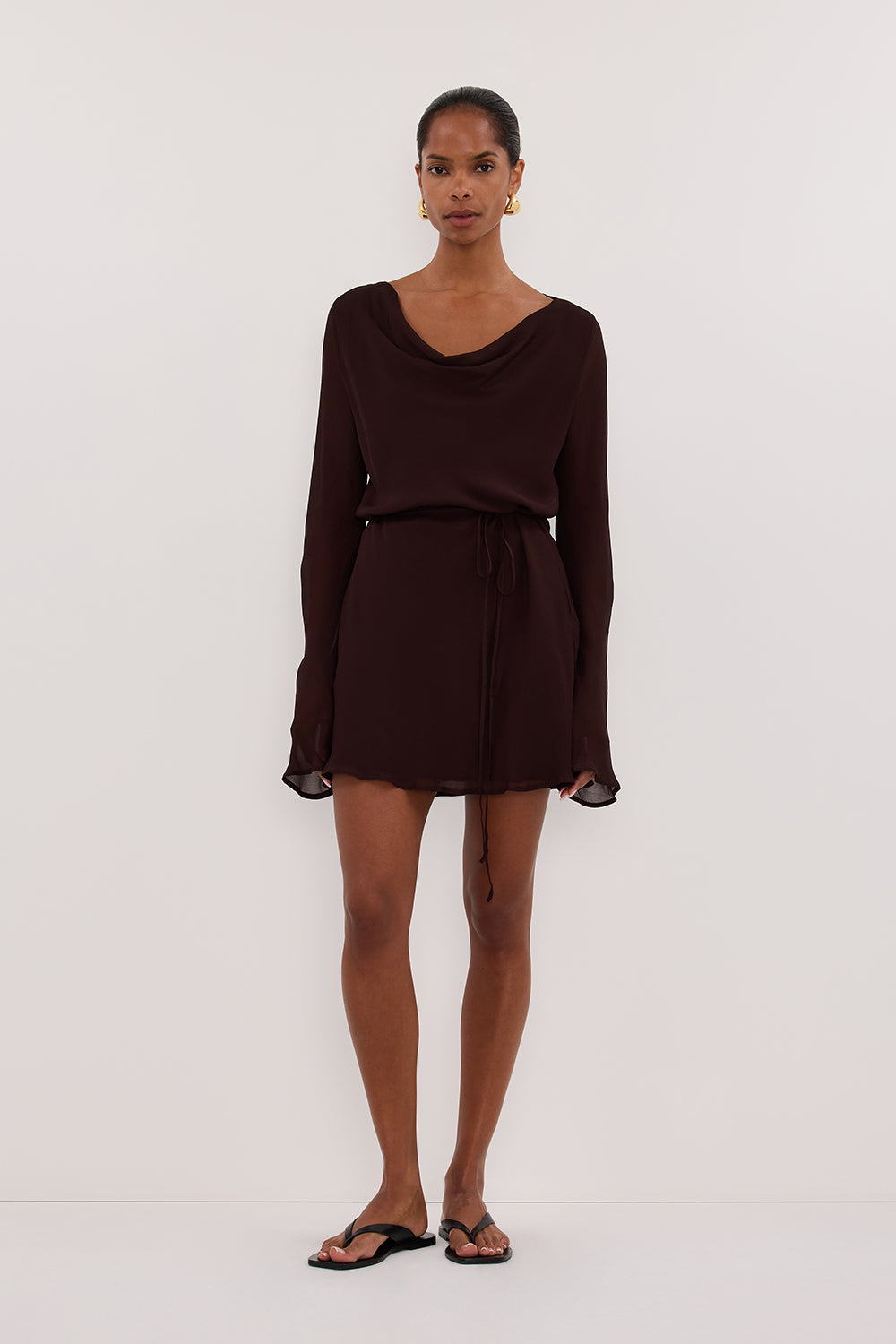 CORFU DARK CHOC SLEEVED MINI DRESS