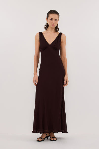 Stas wearing JORJA DARK CHOC SLEEVELESS MAXI DRESS