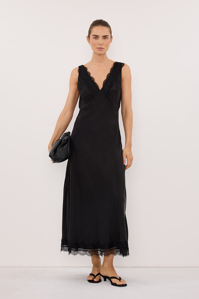 Stas wearing ANDREA BLACK CUPRO MIDI DRESS